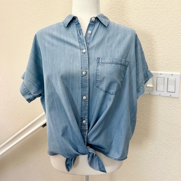 Madewell Denim Short-Sleeve Tie-Front Shirt in Hillford Wash Blue Sz S oversized - Picture 5 of 14